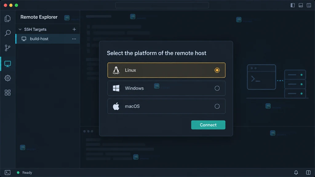 VS Code Remote SSH 说明图:Settings JSON 中 remote.SSH.remotePlatform 将 build-host 映射为 linux,并显示 Remote connected