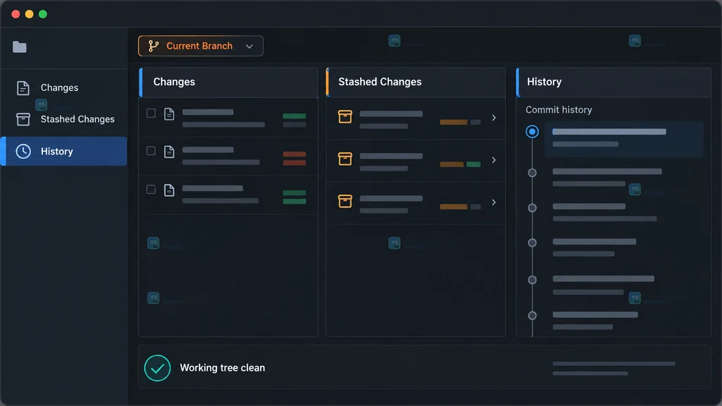 原创 Git 客户端界面说明图,展示通过 reflog 找到提交后创建 Recovery Branch 并在 History 验收