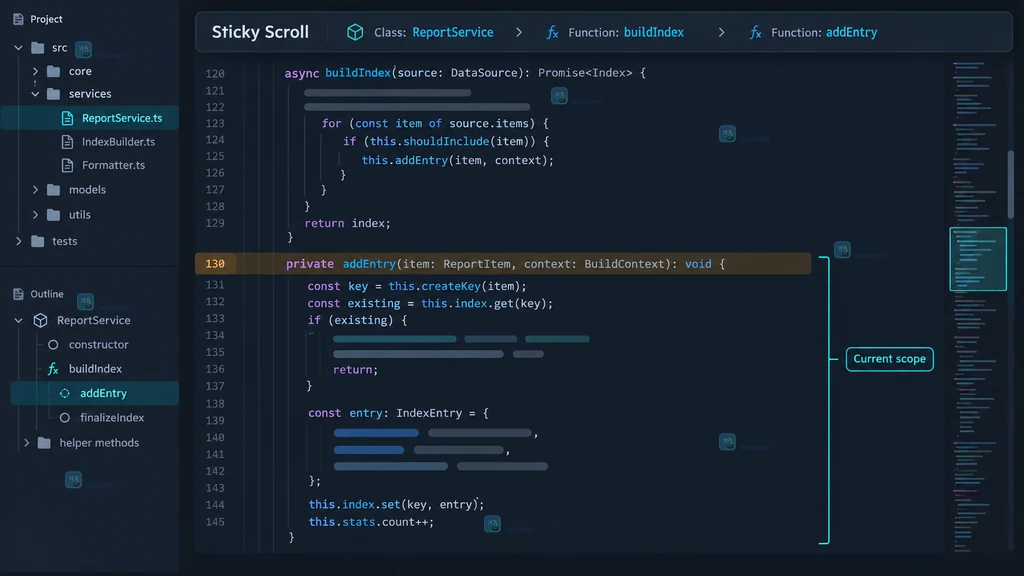 VS Code 风格代码编辑器中顶部固定类名和函数名并显示三行作用域的原创界面说明图