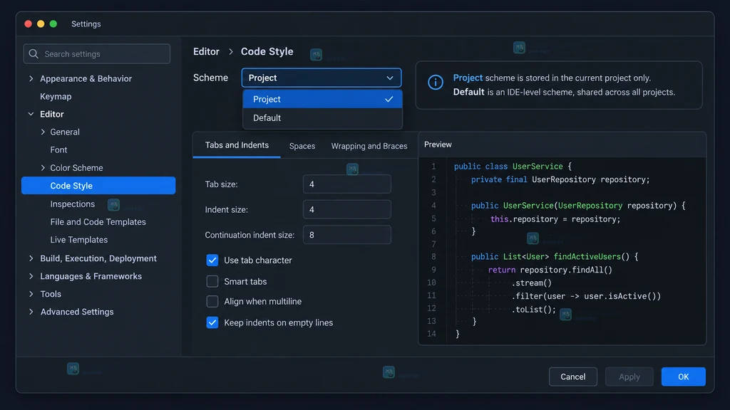 JetBrains IDE Code Style 页面选择 Project scheme 并配置语言规则的原创界面说明图