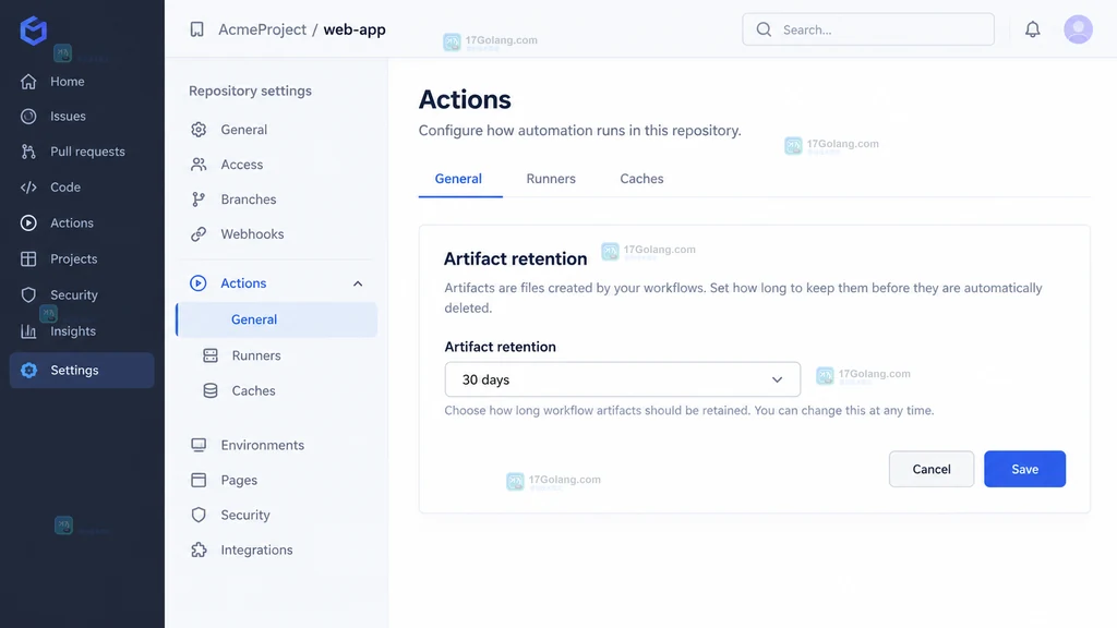 原创界面说明图：从仓库设置进入 Actions General 并定位 artifact 保存期限设置