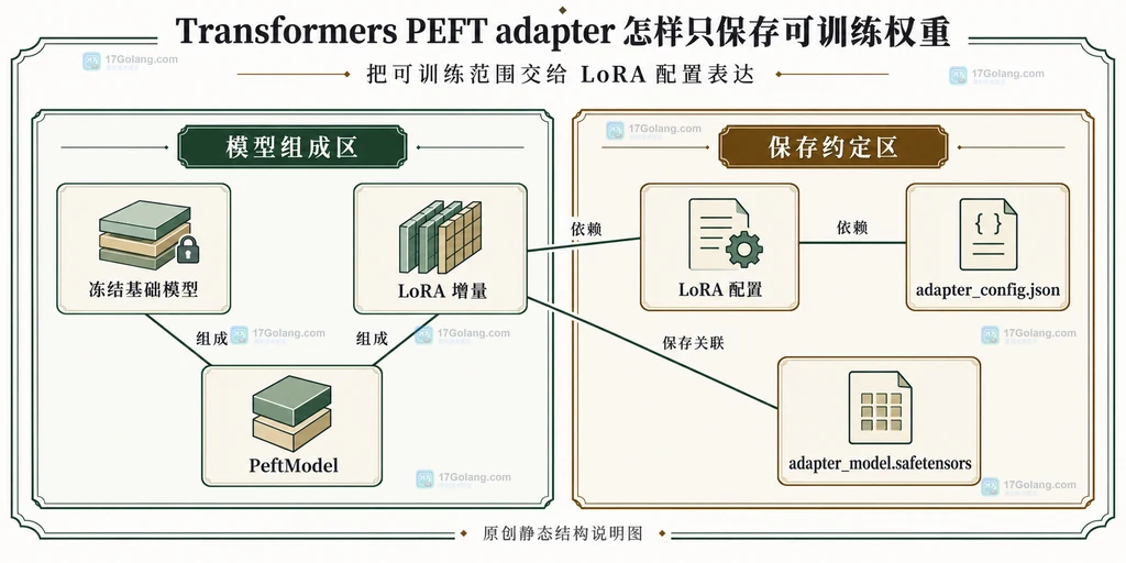 QLoRA 中预训练权重、NF4量化、量化常量、double quant、bfloat16计算和LoRA适配器的静态职责关系说明图