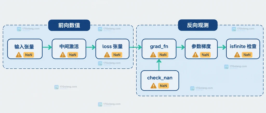 训练步、detect_anomaly、前向计算图、loss、backward 引擎和前向 traceback 的静态关系说明图