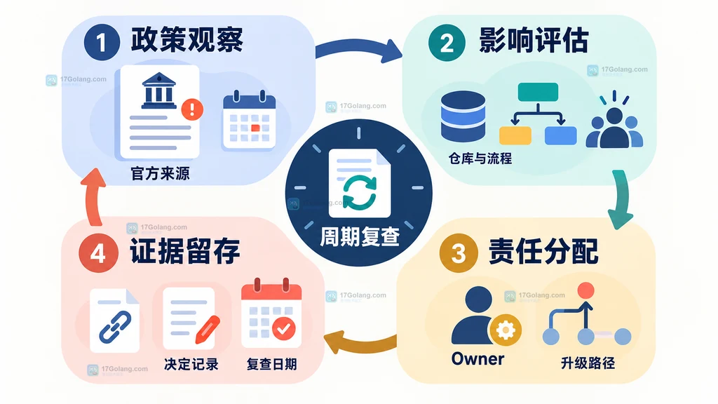 GitHub组织治理中的政策观察、影响评估、责任分配和复查闭环说明图