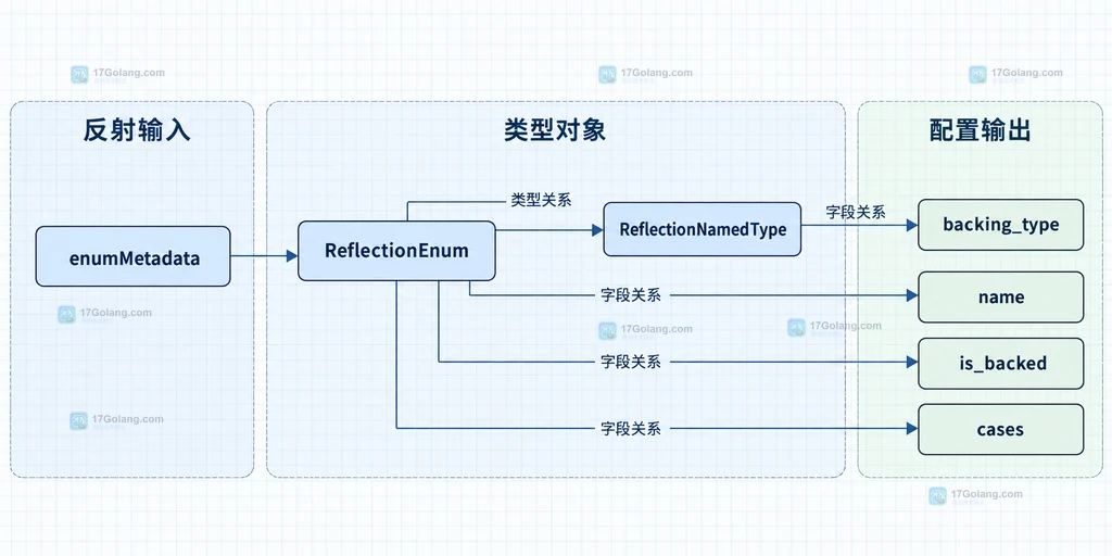 ReflectionEnum 将枚举声明收敛为名称、backing type、是否 backed 和 case 列表的关系图