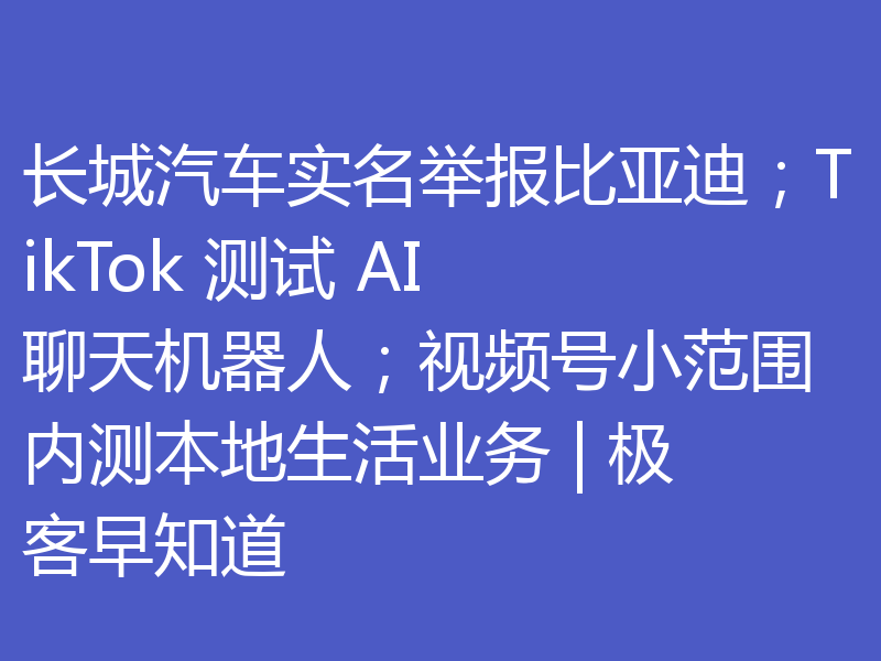 长城汽车实名举报比亚迪;TikTok 测试 AI 聊天机器人;视频号小范围内测本地生活业务 | 极客早知道