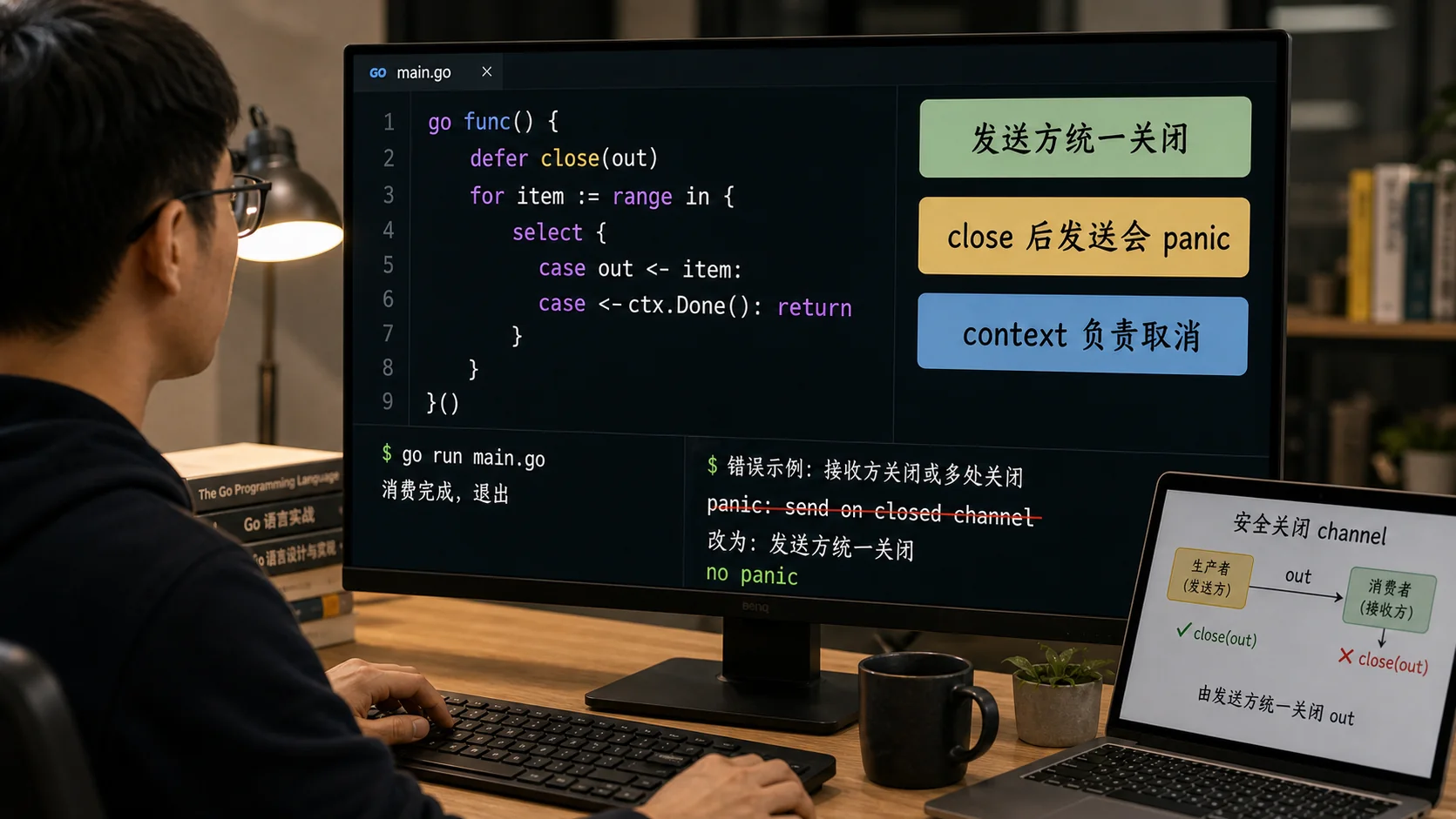 Go channel close 代码案例图