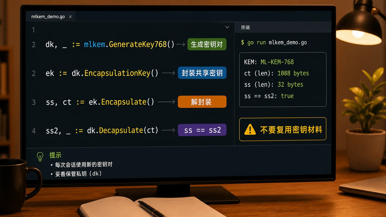 Go crypto/mlkem 代码案例图：GenerateKey768、Encapsulate、Decapsulate、共享密钥一致、不要复用密钥材料