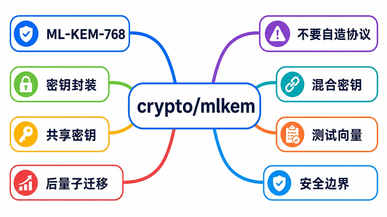 Go crypto/mlkem 思维导图：ML-KEM-768、密钥封装、共享密钥、后量子迁移、不要自造协议、混合密钥、测试向量、安全边界