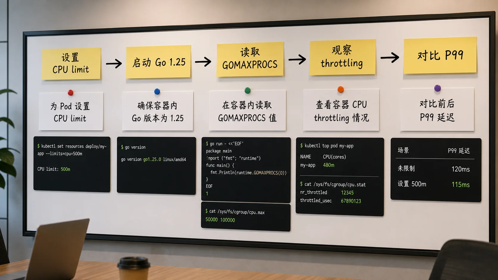 Go 1.25 GOMAXPROCS Kubernetes 验证流程图