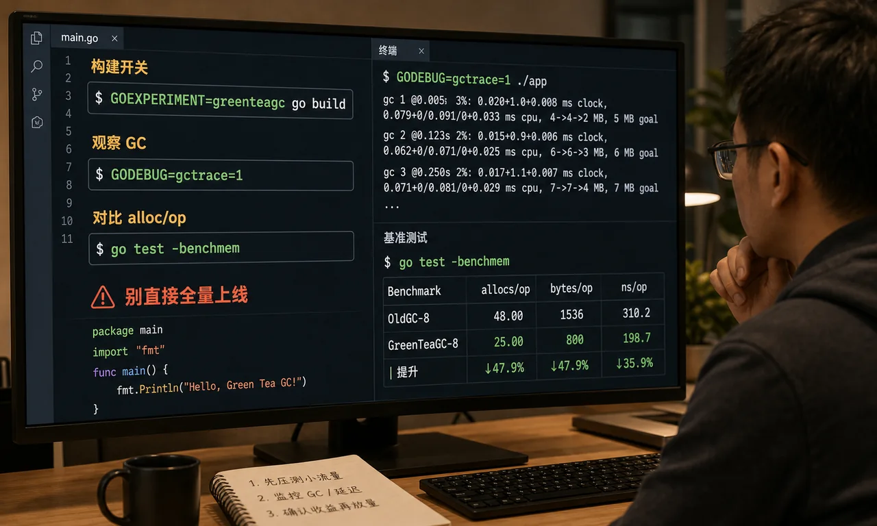 Go Green Tea GC 命令案例图:GOEXPERIMENT=greenteagc go build、GODEBUG=gctrace=1、go test -benchmem