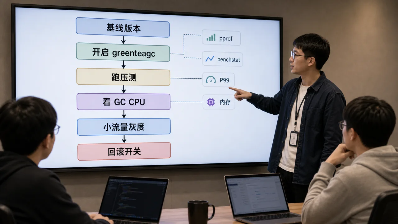 Go Green Tea GC 灰度流程图:基线版本、开启 greenteagc、跑压测、看 GC CPU、小流量灰度、回滚开关