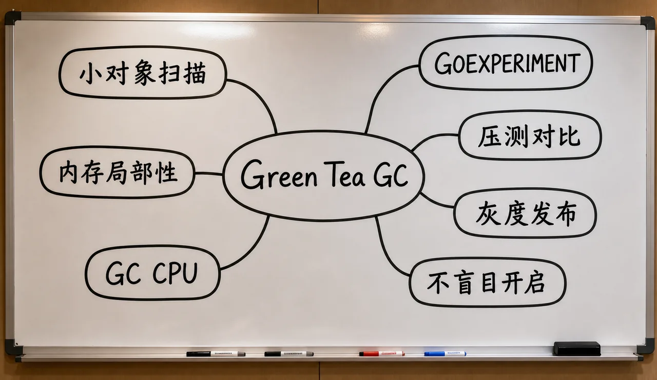 Go Green Tea GC 思维导图:小对象扫描、内存局部性、GC CPU、GOEXPERIMENT、压测对比、灰度发布