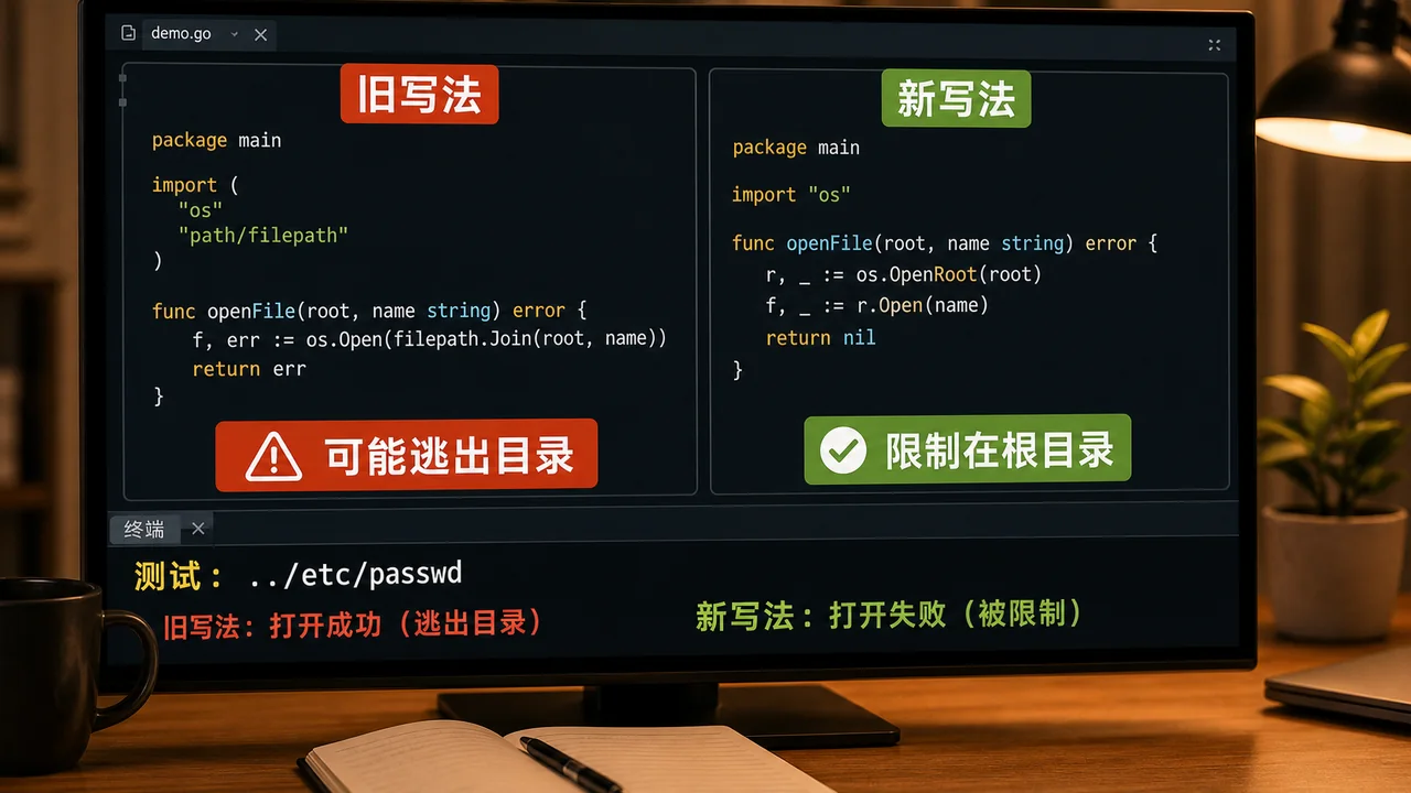 Go os.Root 代码案例图：旧写法 filepath.Join，新写法 os.OpenRoot 和 root.Open，限制在根目录