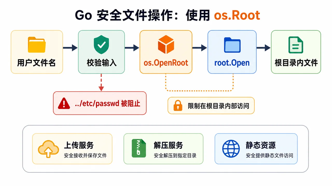 Go os.Root 安全文件访问流程图：用户文件名、校验输入、os.OpenRoot、root.Open、根目录内文件、阻止 ../etc/passwd