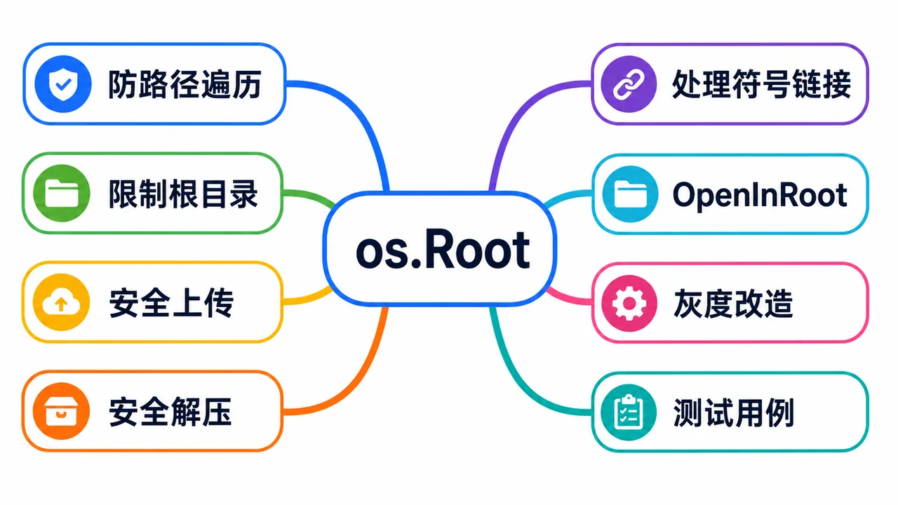 Go os.Root 思维导图：防路径遍历、限制根目录、安全上传、安全解压、处理符号链接、OpenInRoot、灰度改造、测试用例
