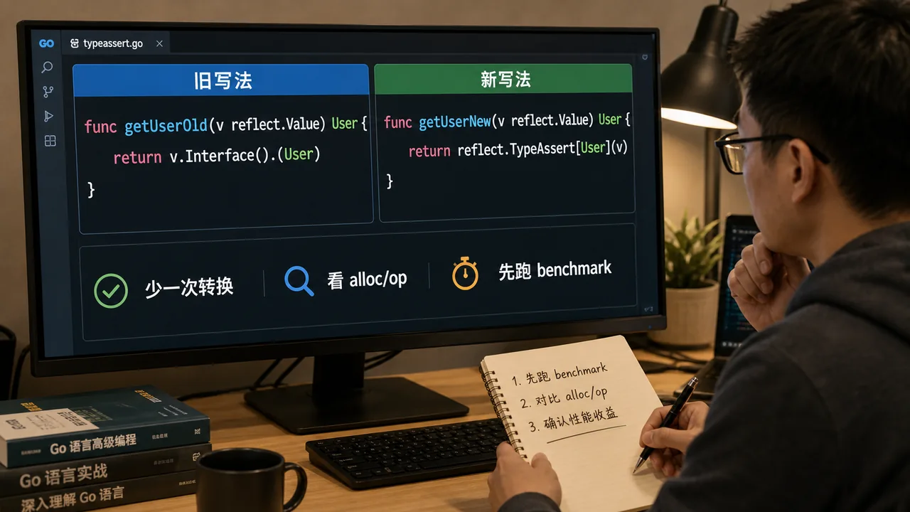Go reflect.TypeAssert 代码案例图：旧写法 v.Interface().(User)，新写法 reflect.TypeAssert[User](v)，少一次转换，看 alloc/op