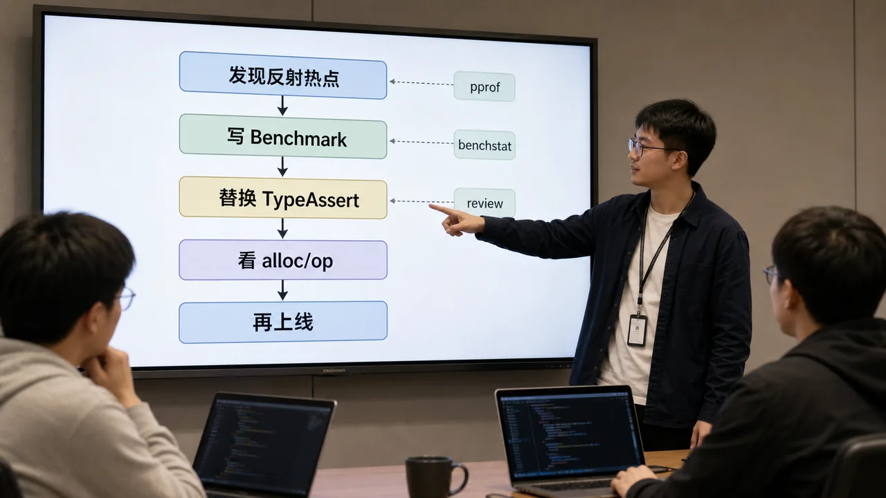 Go reflect.TypeAssert 性能排查流程图：发现反射热点、Benchmark、替换 TypeAssert、看 alloc/op、再上线