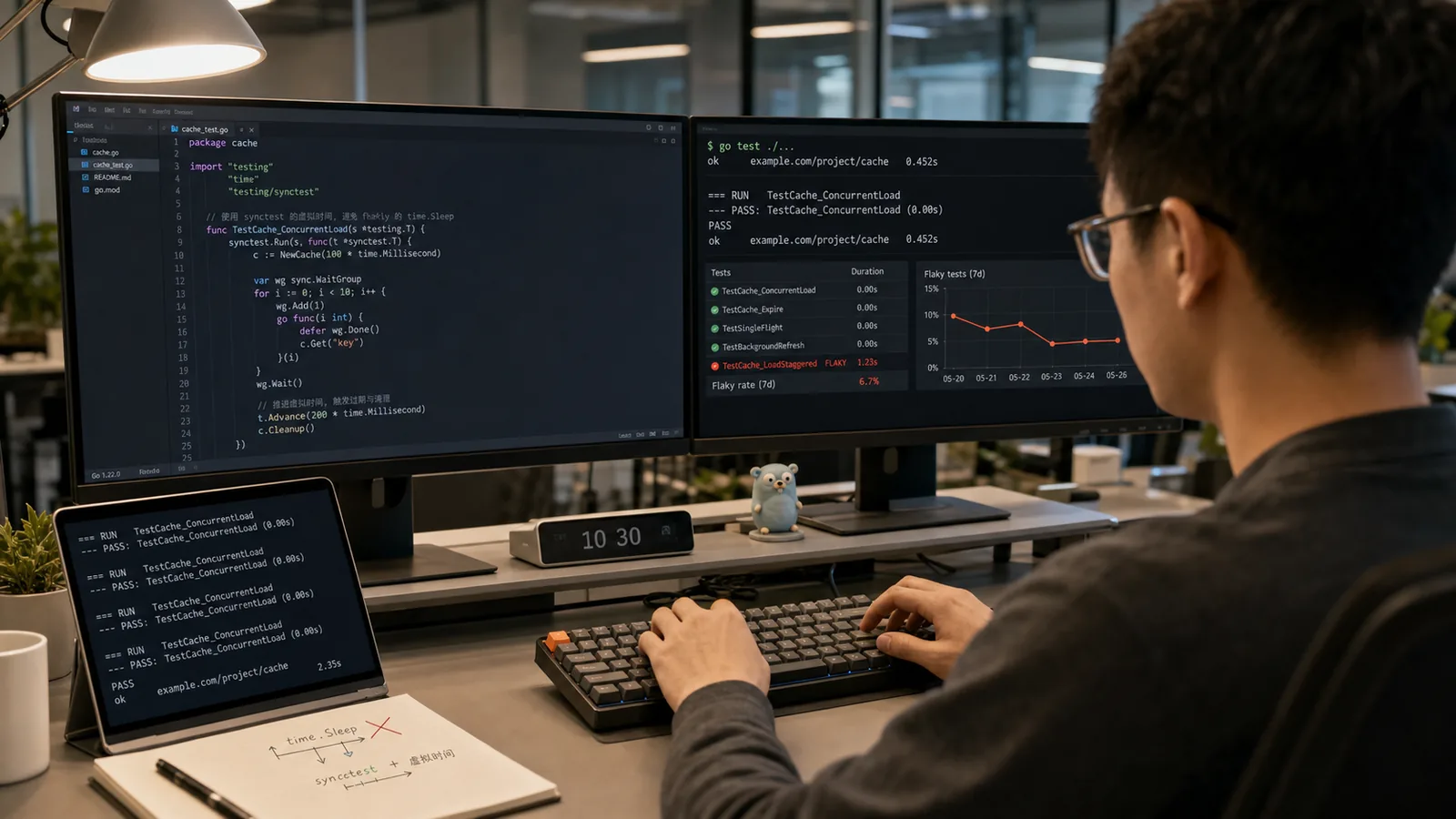 Go testing/synctest 实战：别再用 time.Sleep 赌并发测试会过