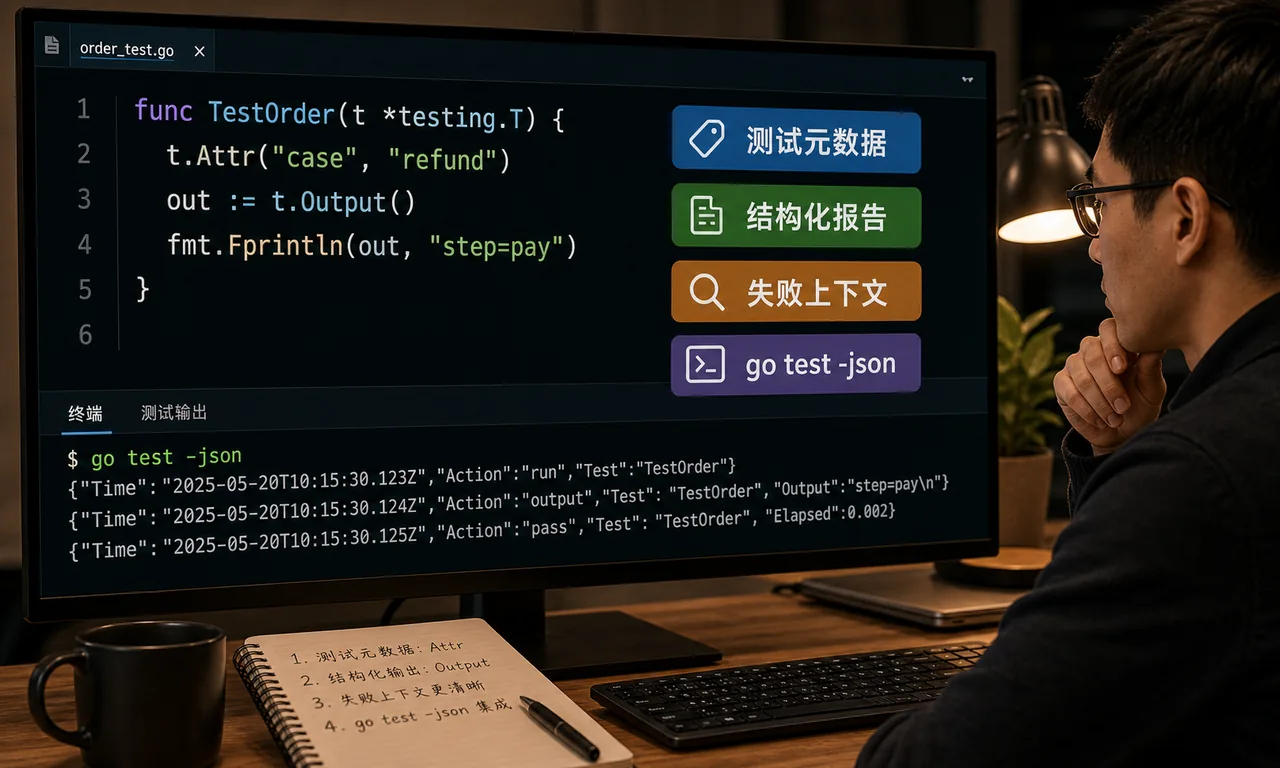 Go testing Attr 代码案例图：t.Attr、t.Output、go test -json、测试元数据和失败上下文