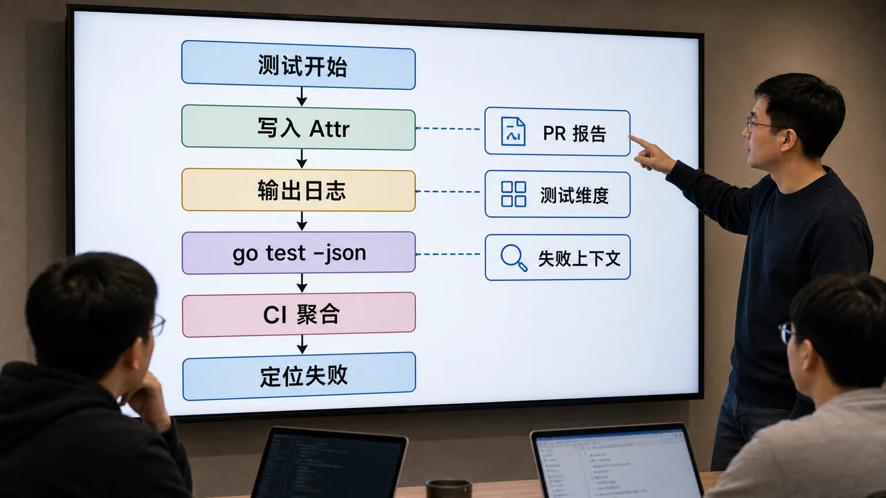 Go testing Attr CI 流程图：测试开始、写入 Attr、输出日志、go test -json、CI 聚合、定位失败