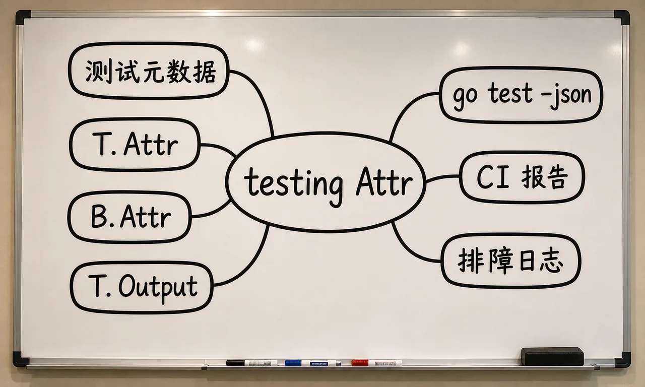 Go testing Attr 思维导图：测试元数据、T.Attr、B.Attr、T.Output、go test -json、CI 报告、排障日志
