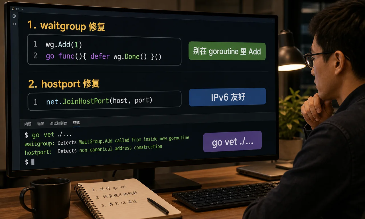 Go 1.25 go vet 代码案例图：waitgroup 修复、hostport 修复、go vet ./...