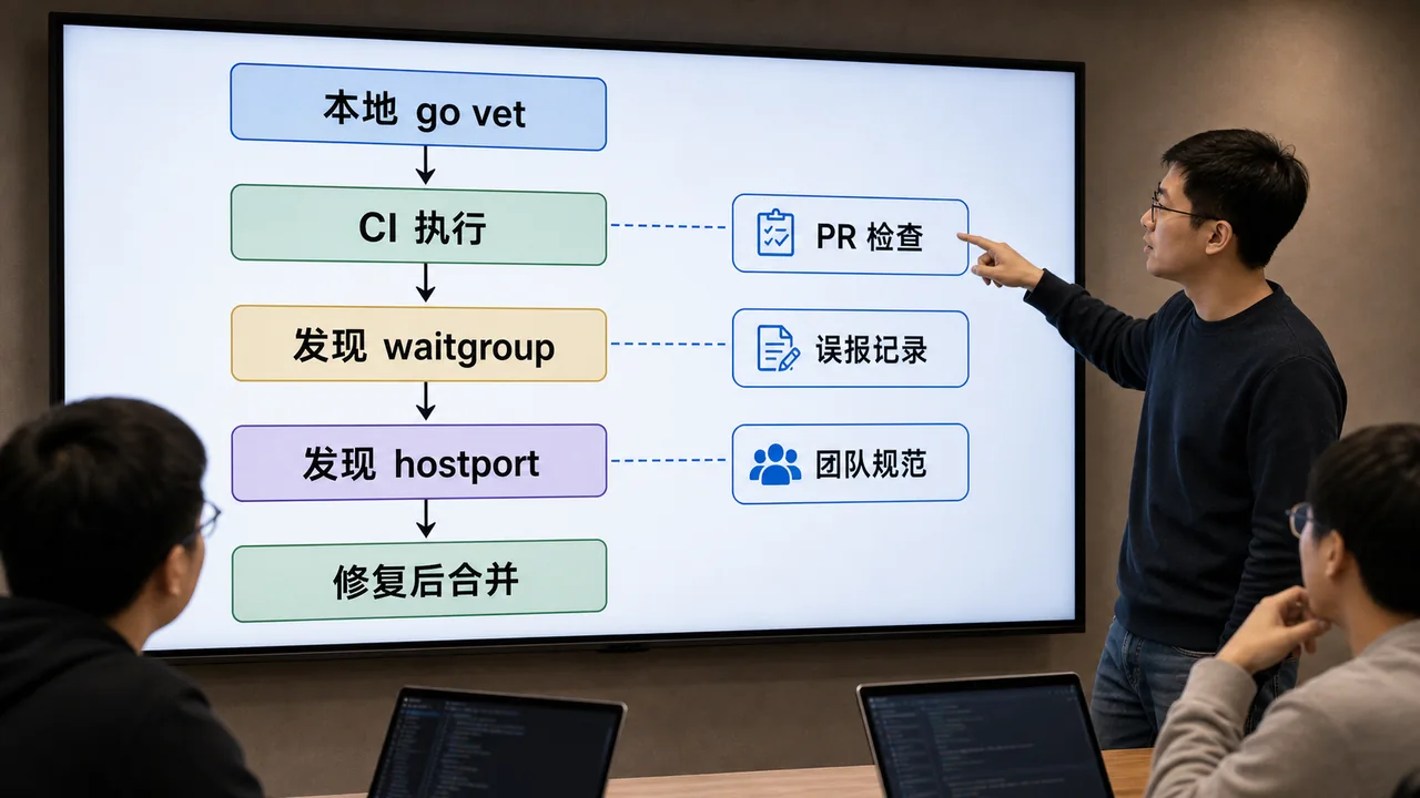 Go 1.25 go vet CI 流程图：本地 go vet、CI 执行、发现 waitgroup、发现 hostport、修复后合并