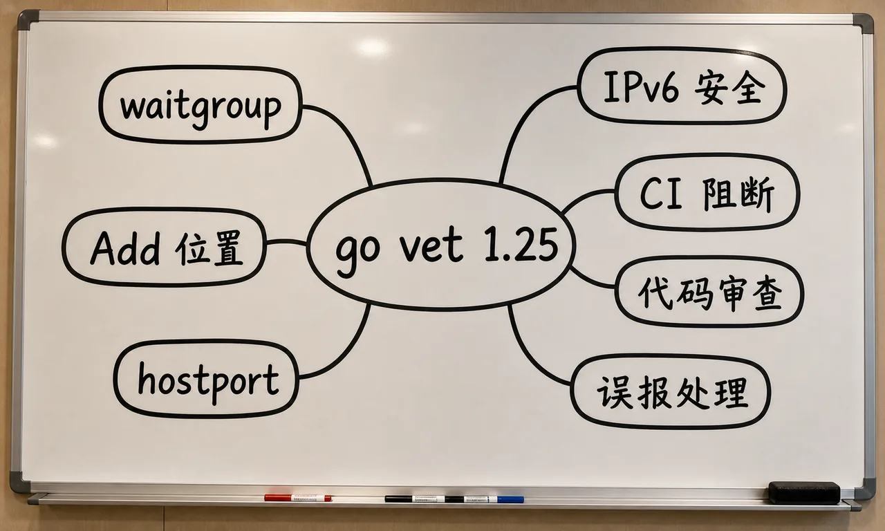 Go 1.25 go vet 思维导图：waitgroup、Add 位置、hostport、IPv6 安全、CI 阻断、代码审查