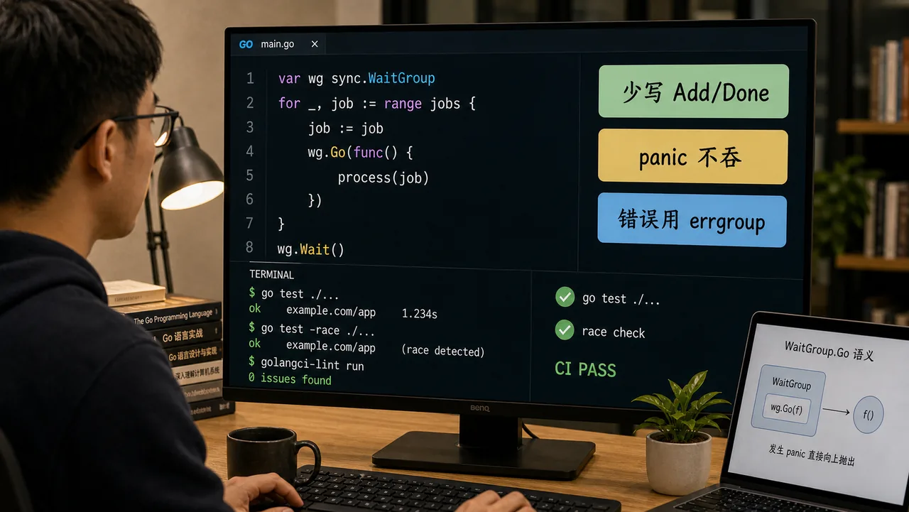 Go WaitGroup.Go 代码案例图:少写 Add Done、panic 不吞、错误用 errgroup