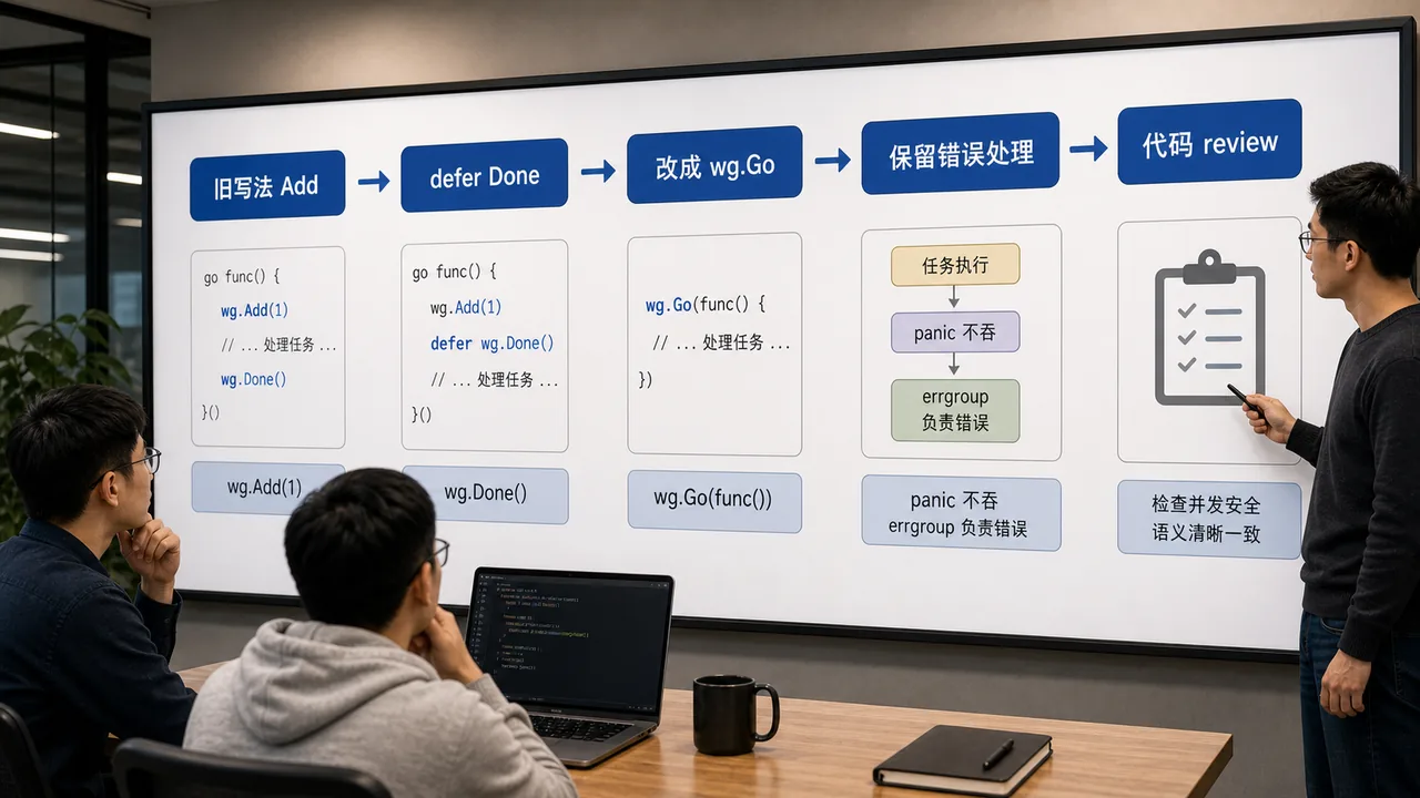 WaitGroup.Go 重构流程图:旧写法、defer Done、wg.Go、错误处理、代码审查