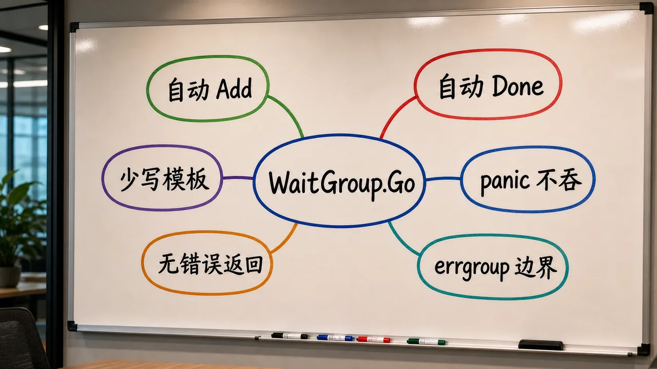 Go WaitGroup.Go 思维导图:自动 Add、自动 Done、panic、错误处理、errgroup 边界