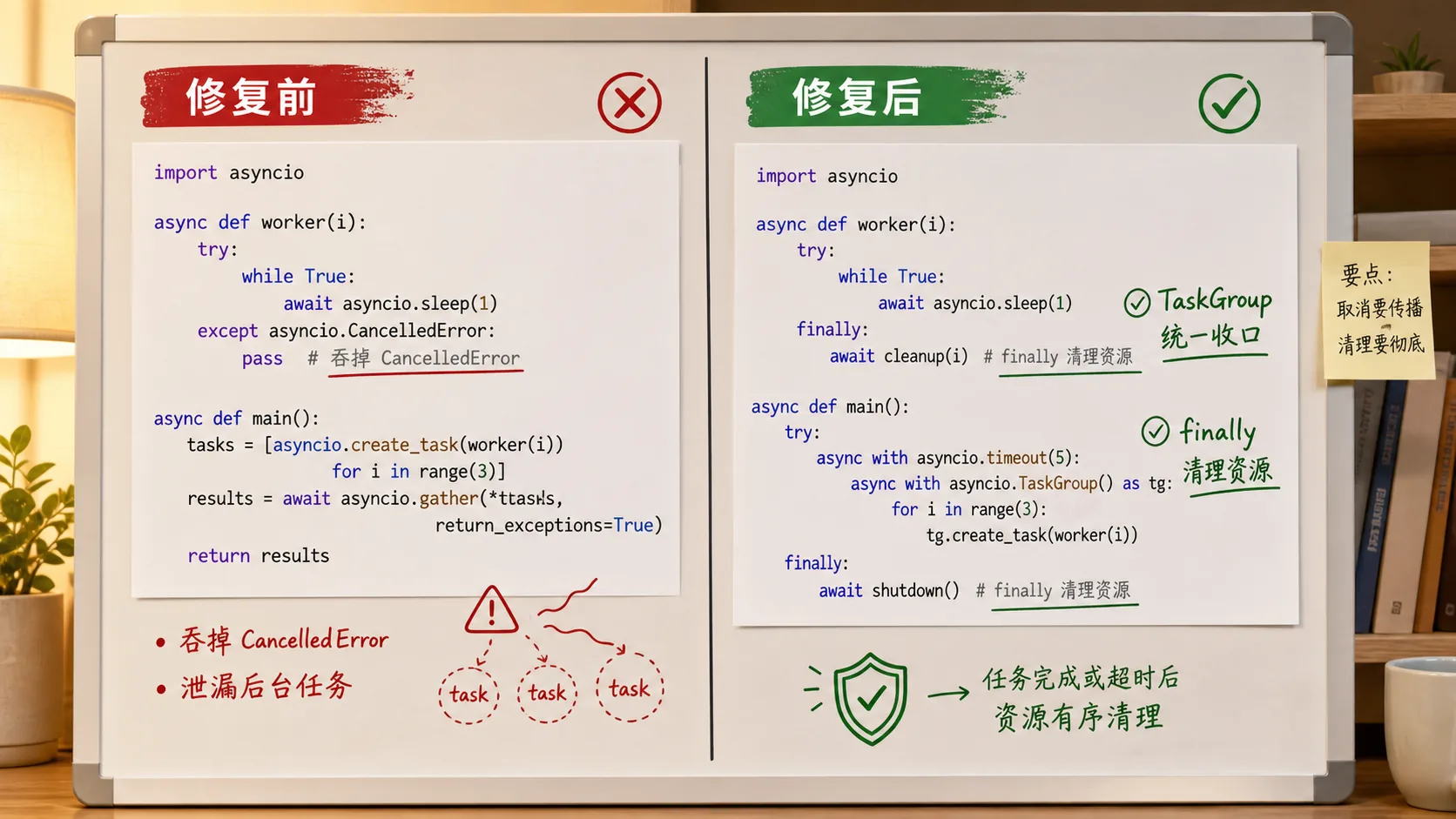 Python asyncio 取消处理修复前后代码审查图