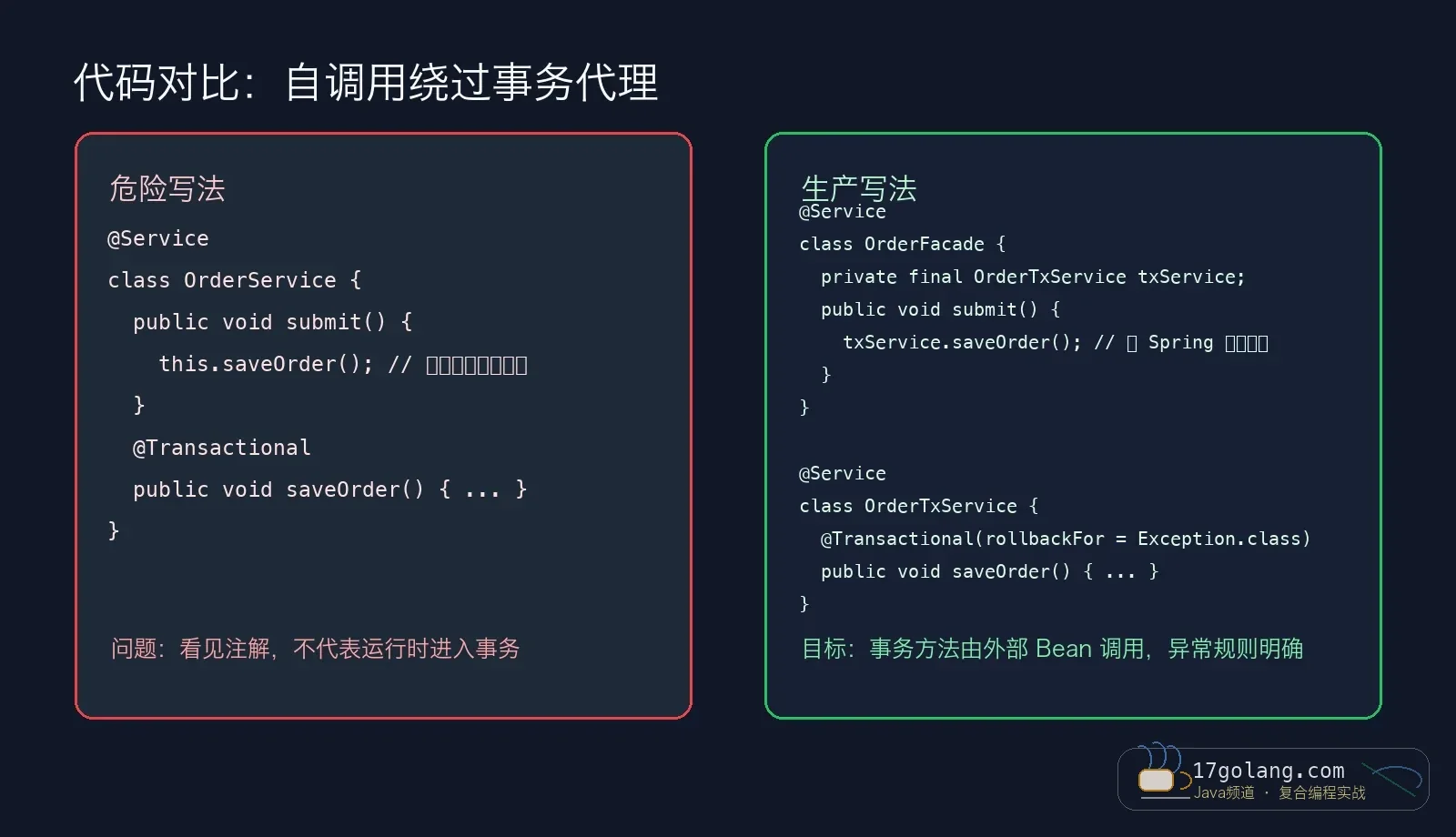 Spring Transactional 自调用代码对比