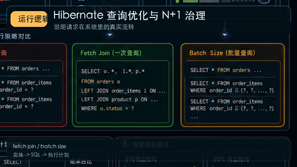 Hibernate 查询优化：N+1、批量抓取与只读事务治理 运行逻辑图