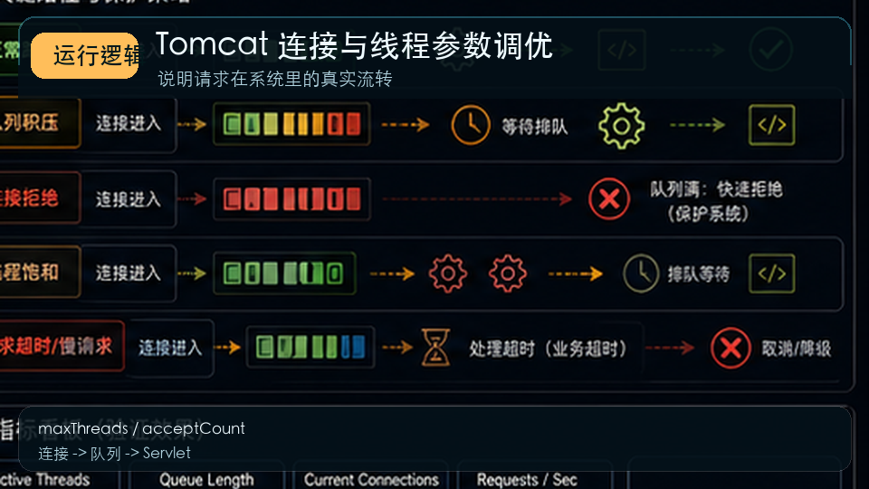 Tomcat 连接与线程参数调优:maxThreads、acceptCount 与 KeepAlive 运行逻辑图