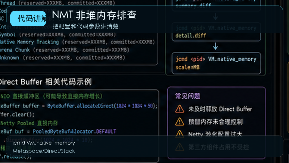 Java NMT 非堆内存排查:Direct Buffer、线程栈与 Metaspace 分析 代码讲解图