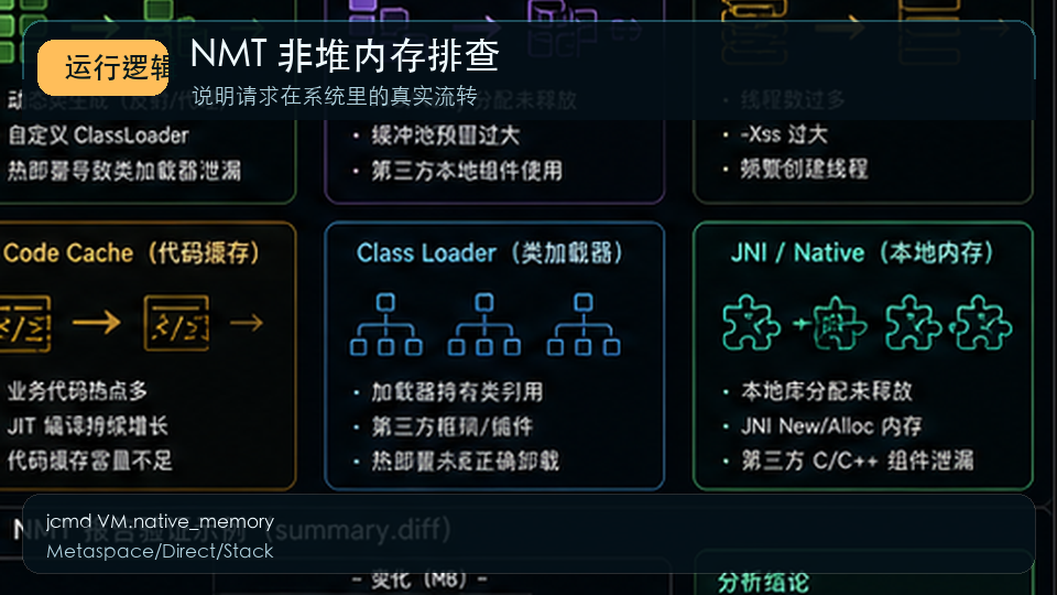 Java NMT 非堆内存排查:Direct Buffer、线程栈与 Metaspace 分析 运行逻辑图